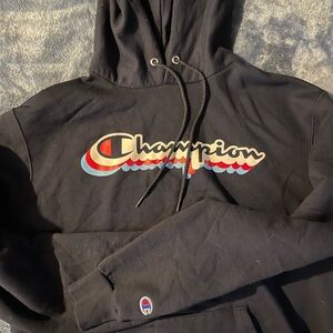 Champion Black Hoodie with Retro Logo